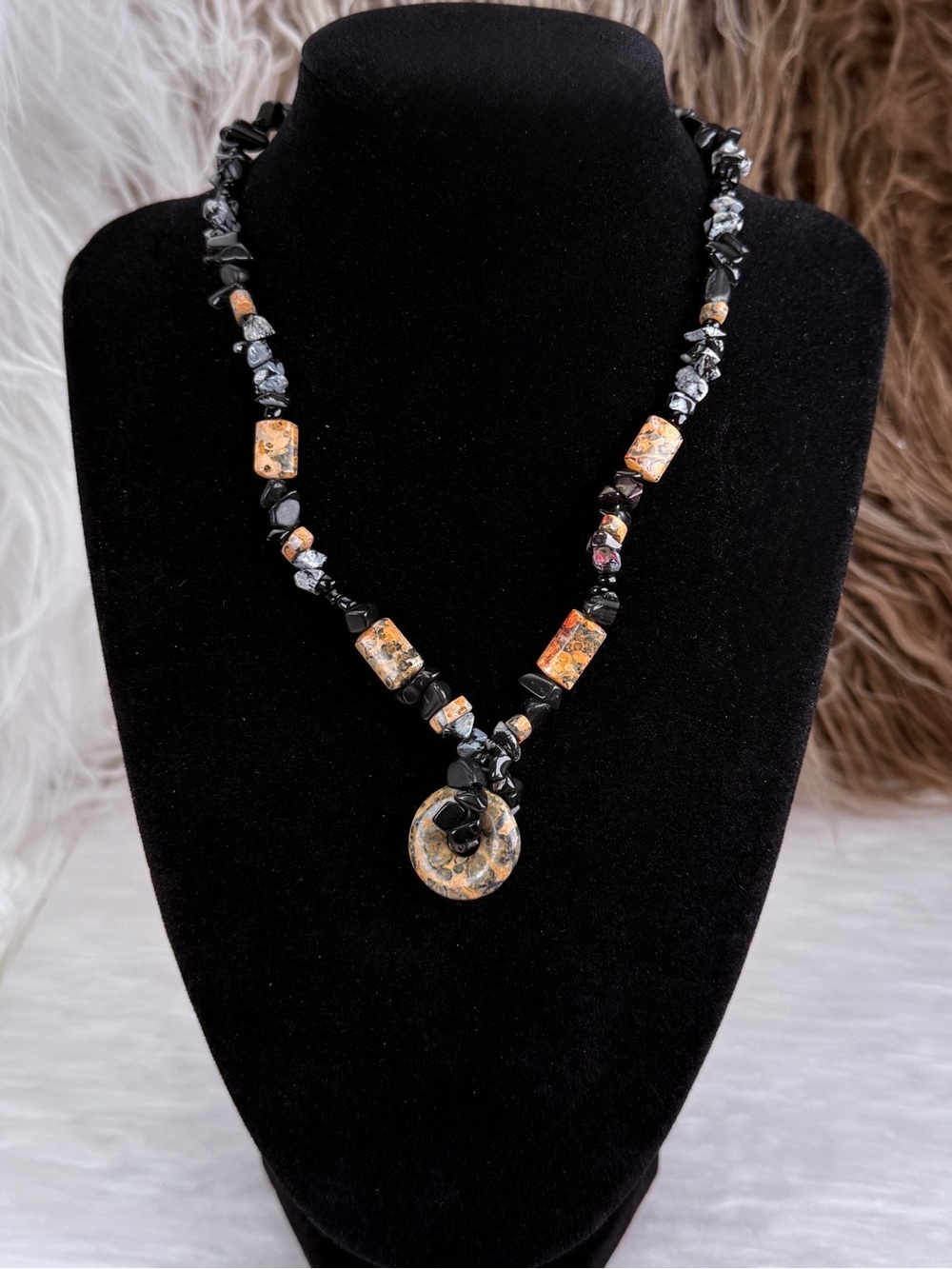 Vintage Artisan Stone Beaded Donut Pendant Necklace Toggle Clasp